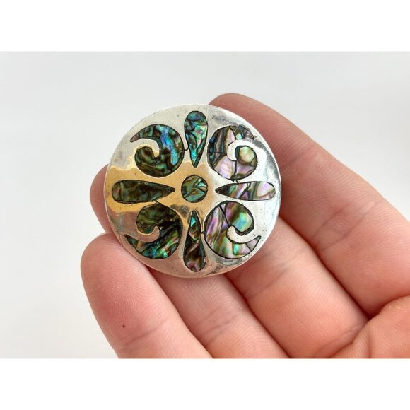 Taxco Sterling Silver Abalone Mexican Round Abstract Vintage Brooch Pendant - Picture 5 of 10